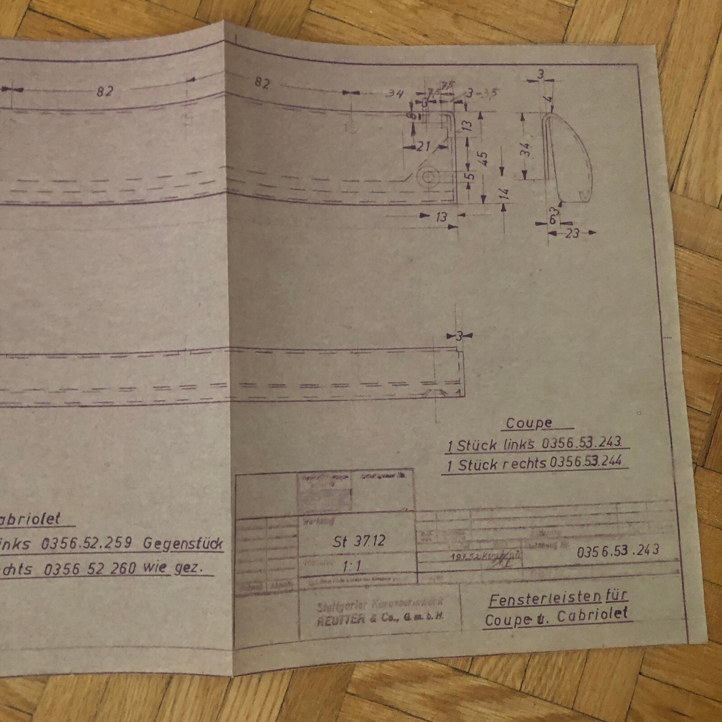Vintage Porsche Reutter & Co Coachbuilder Factory Part Blueprint Document German