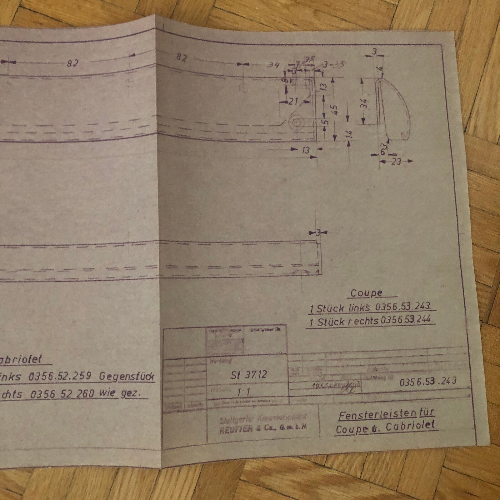 Vintage Porsche Reutter & Co Coachbuilder Factory Part Blueprint Document German