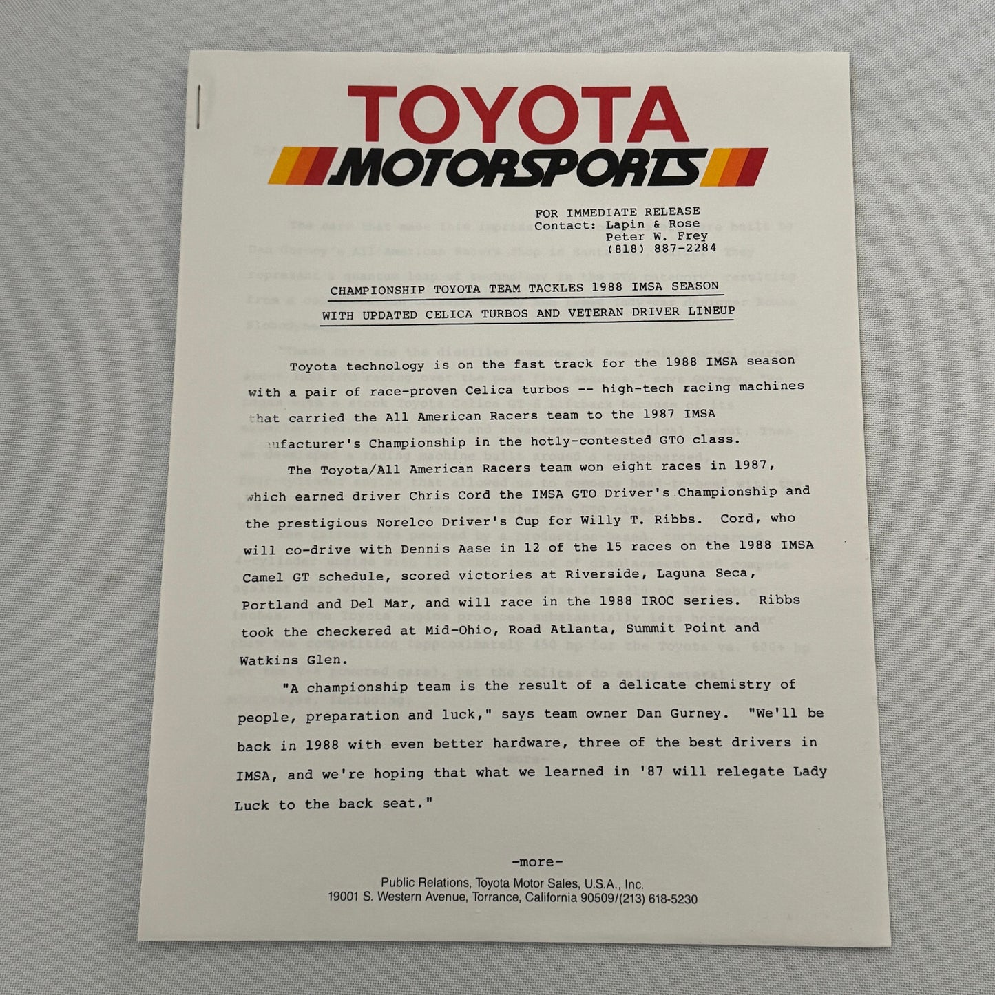 1988 Toyota Celica IMSA Racing Press Kit Photos Willy T Ribbs Chris Cord
