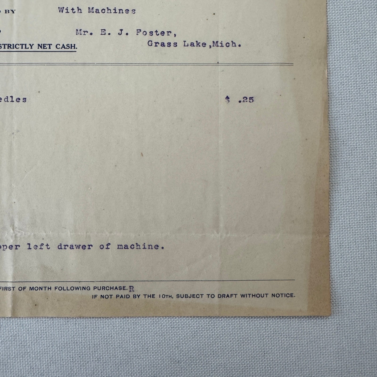 James M Richardson Company Receipt Invoice Document 1908 Sewing Machine Ohio