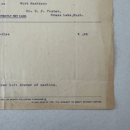 James M Richardson Company Receipt Invoice Document 1908 Sewing Machine Ohio