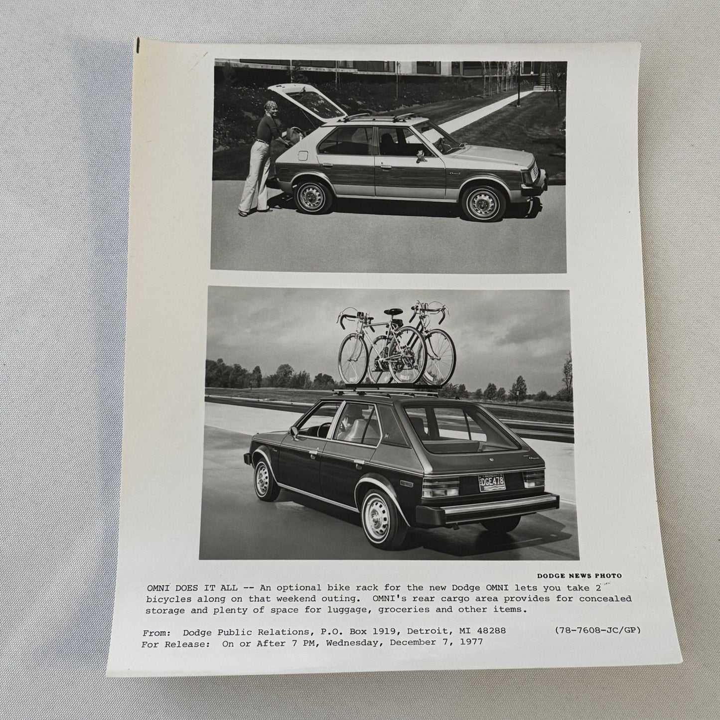Dodge Omni Factory Press Photo Photograph Print 1977 1978
