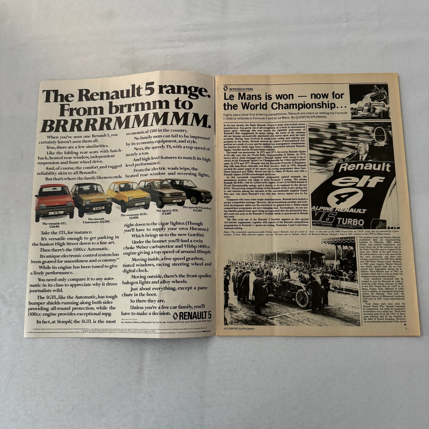 Vintage Renault Racing Supplement Magazine F1 Formula One ELF Renault 5 Gordini