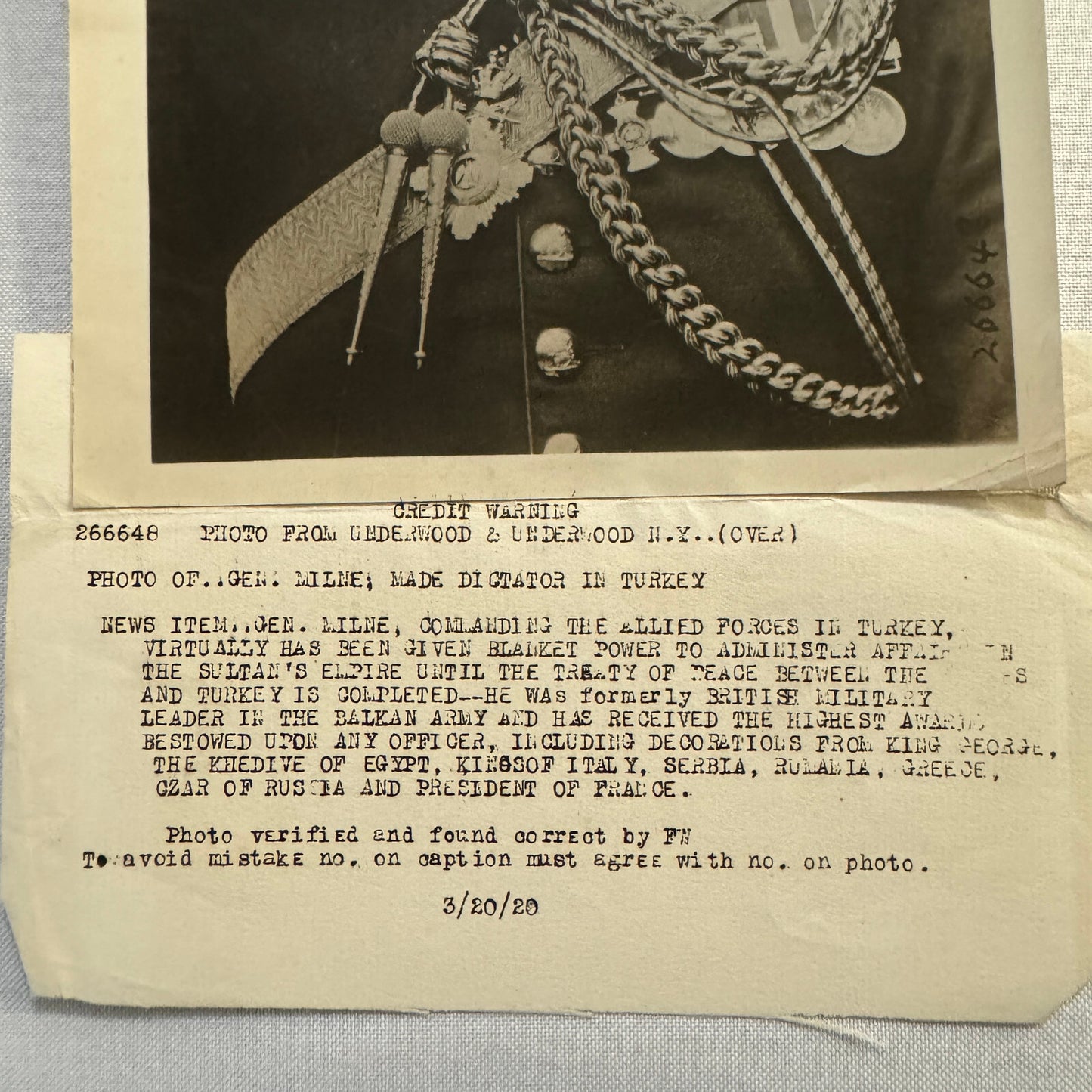 1920 General George Milne Dictator in Turkey Turkiye Turkish Press Photo Vintage