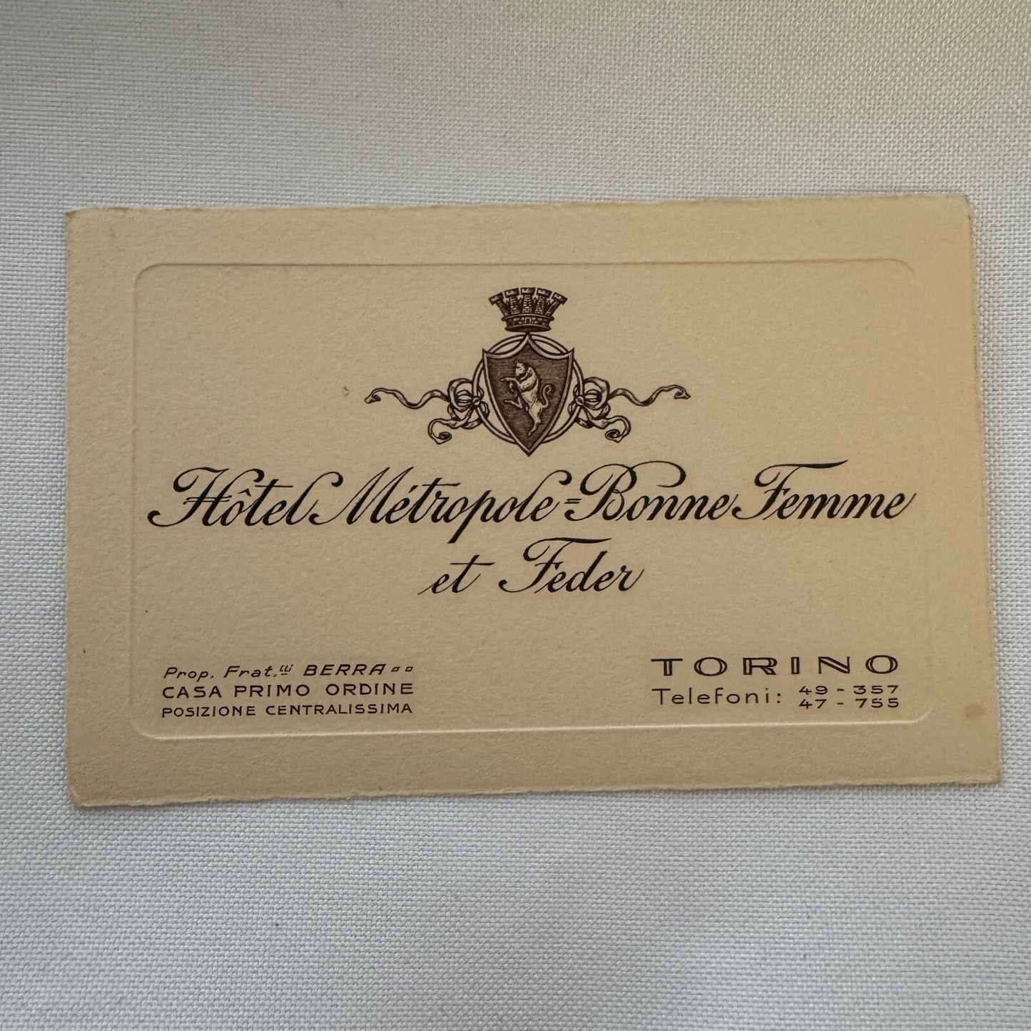Vintage Hotel Card Hotel Metropole Bonne Femme et Feder Torino Italy Italian