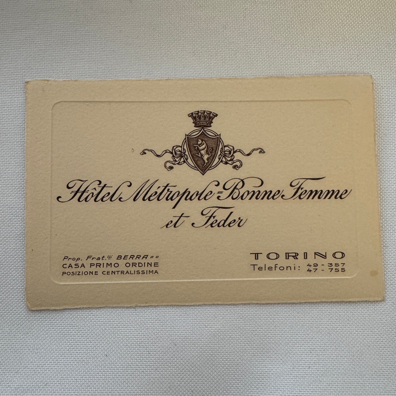 Vintage Hotel Card Hotel Metropole Bonne Femme et Feder Torino Italy Italian