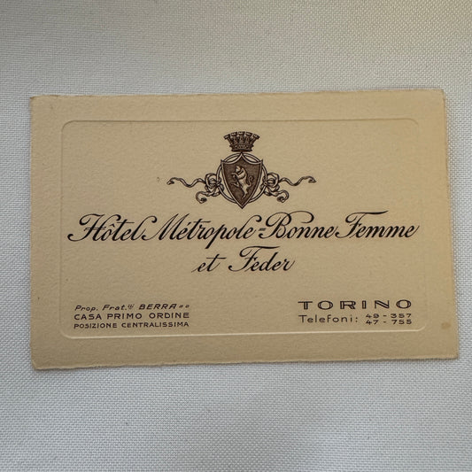Vintage Hotel Card Hotel Metropole Bonne Femme et Feder Torino Italy Italian