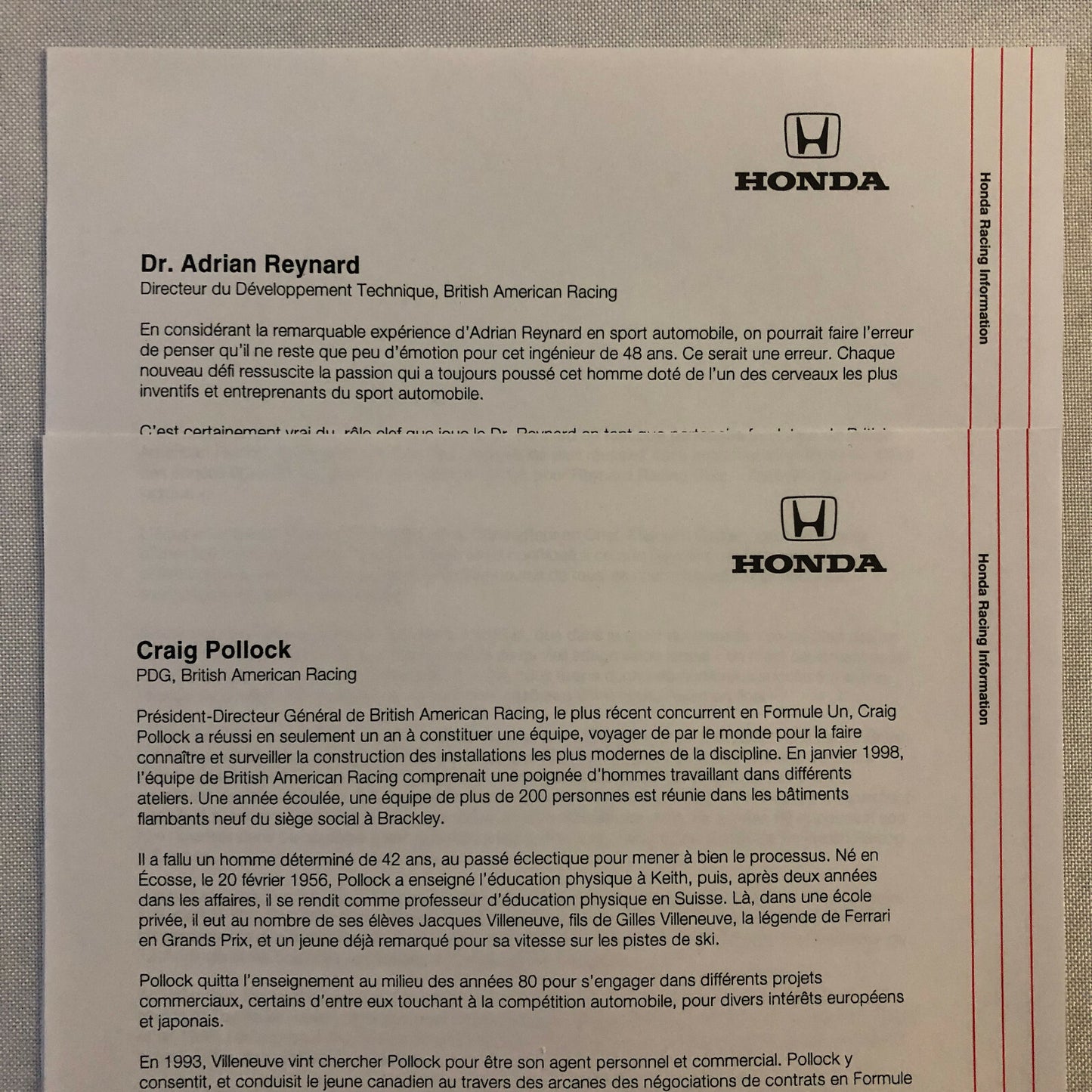 2000 Honda Formula 1 F1 Racing Press Kit Jacques Villeneuve Ricardo Zonta FRENCH