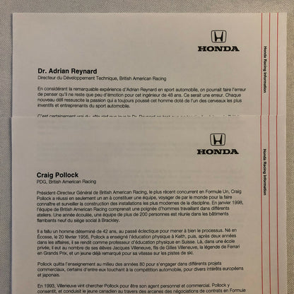 2000 Honda Formula 1 F1 Racing Press Kit Jacques Villeneuve Ricardo Zonta FRENCH
