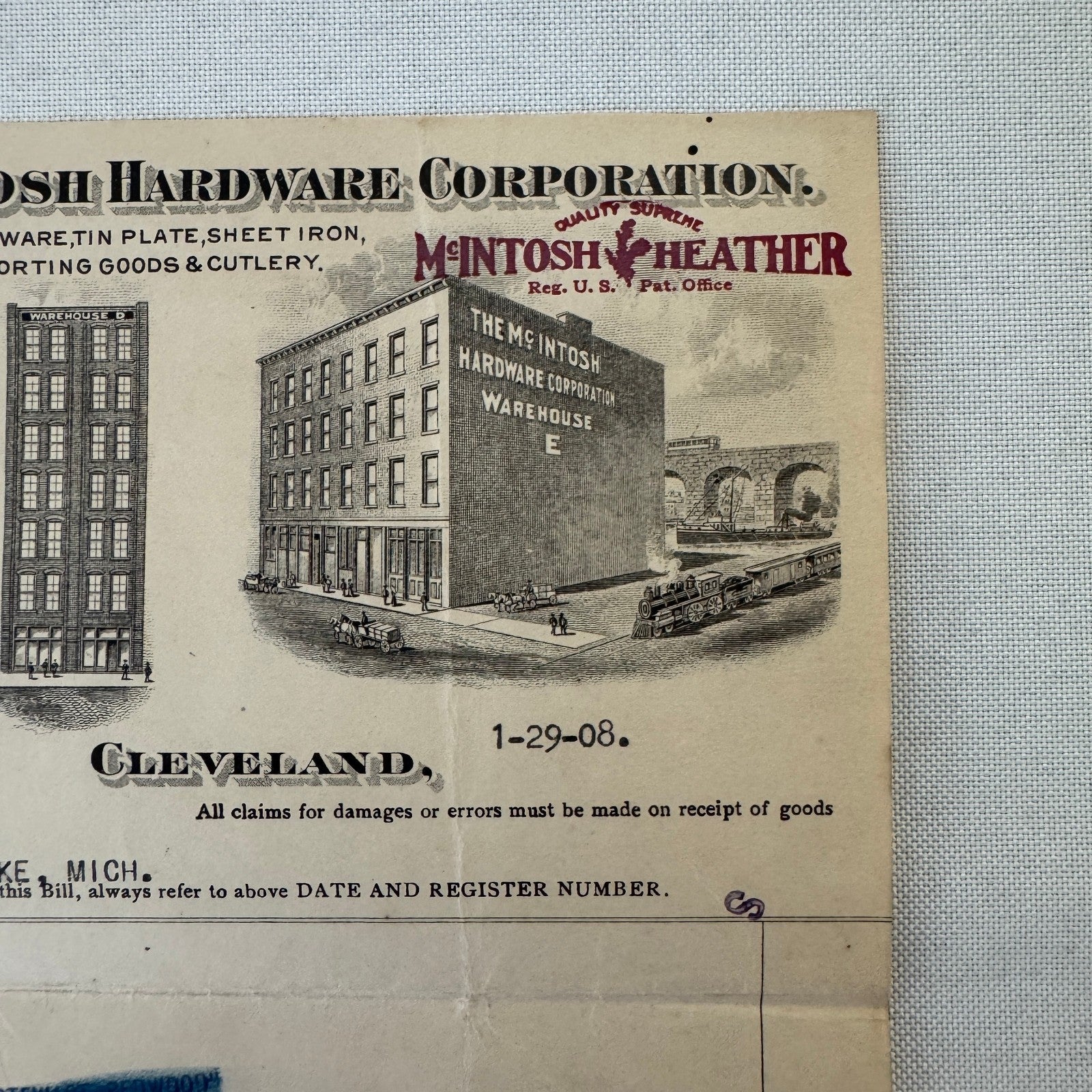 McIntosh Hardware Corporation Cleveland 1908 Receipt Invoice Document Antique