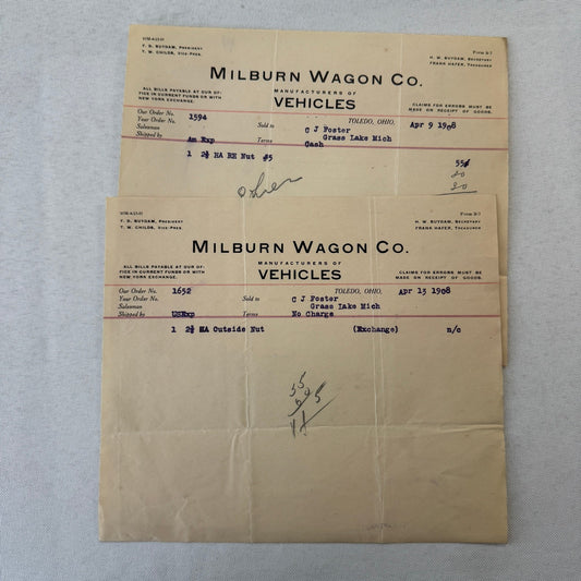 Milburn Wagon Company 1908 Toledo Ohio Invoice Receipt Document Lot 2x Antique