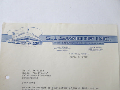 1949 1951 Dodge Plymouth Dealership Letter S.L. Savidge Motors Letterhead