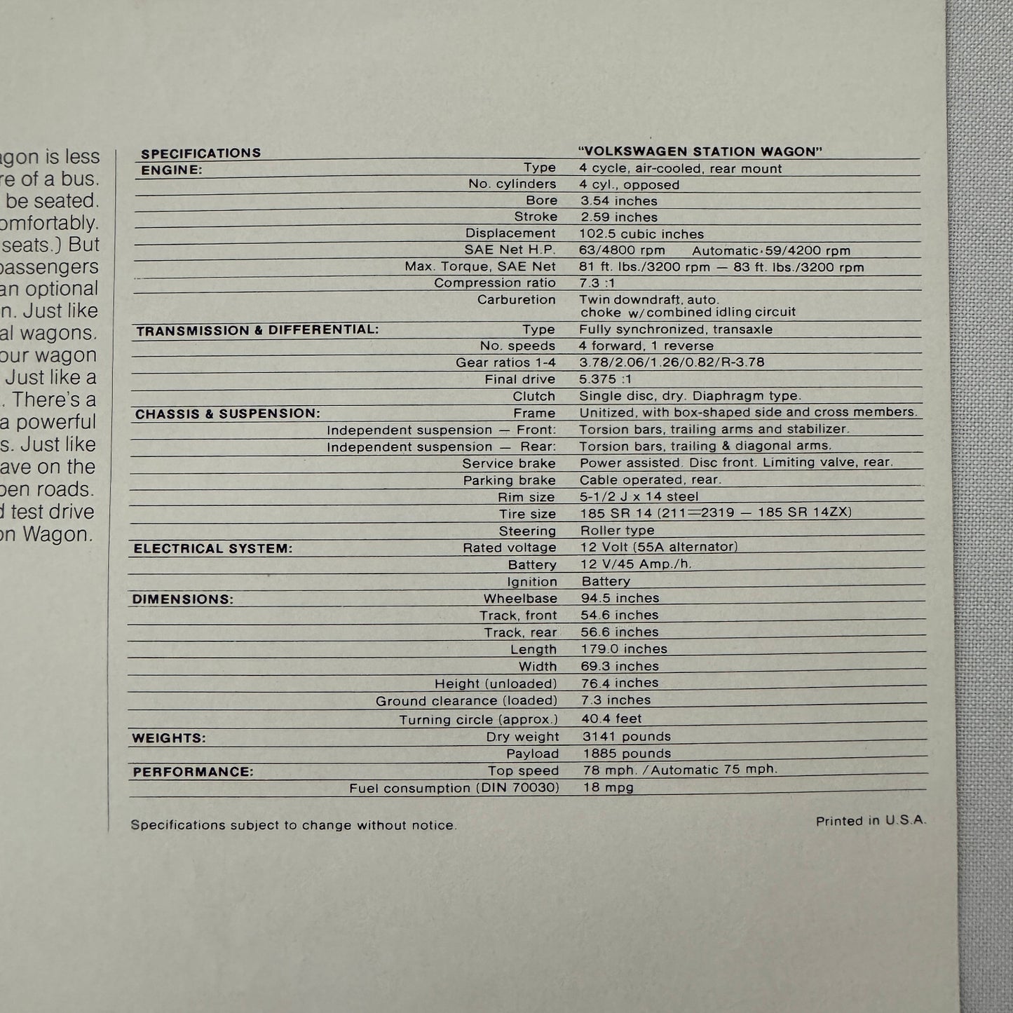 1973 Volkswagen VW Station Wagon Bus Van Sales Brochure Vintage Advertising