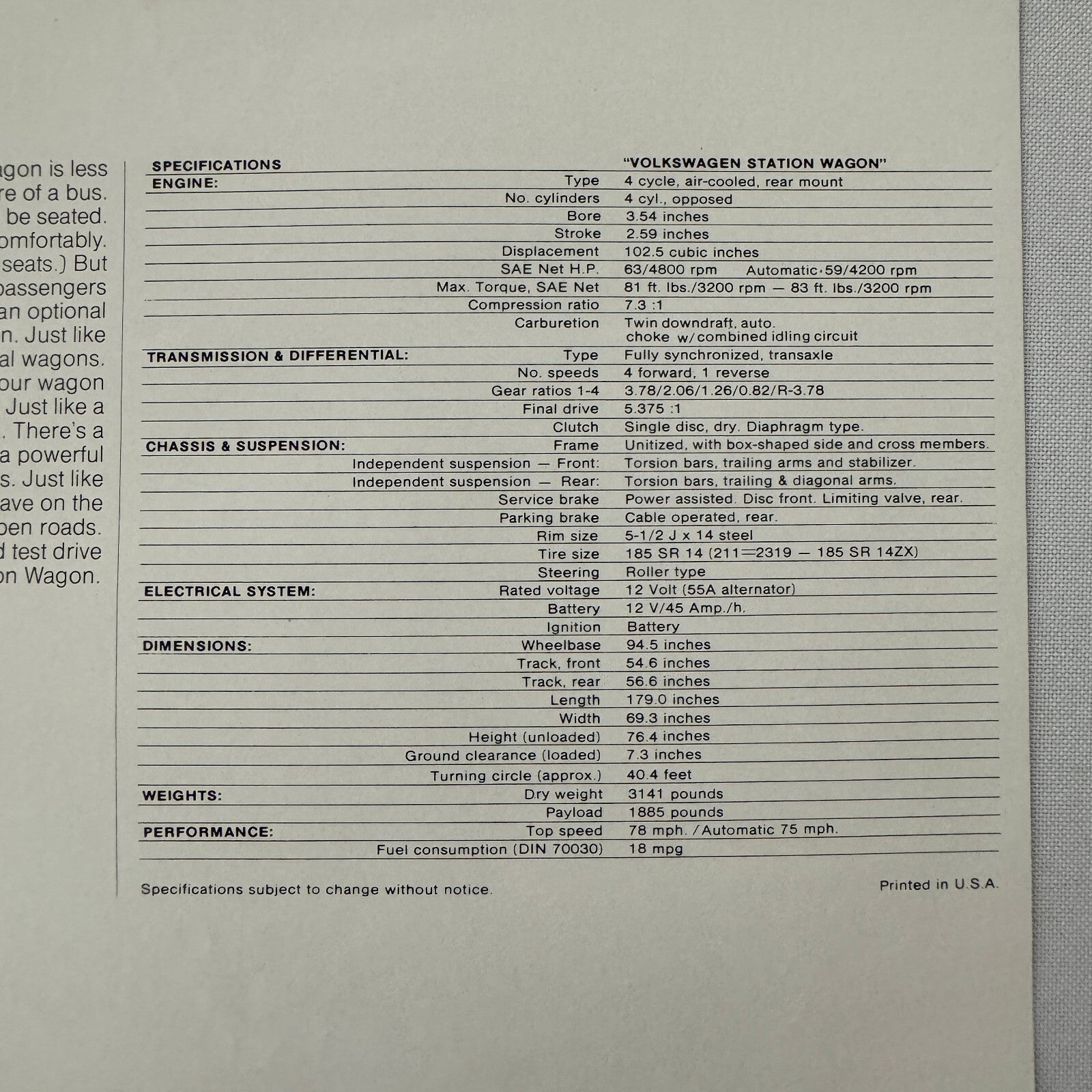 1973 Volkswagen VW Station Wagon Bus Van Sales Brochure Vintage Advertising