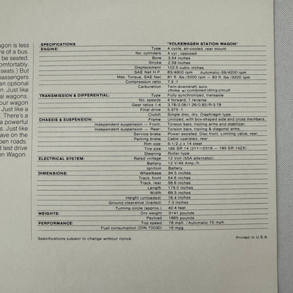 1973 Volkswagen VW Station Wagon Bus Van Sales Brochure Vintage Advertising