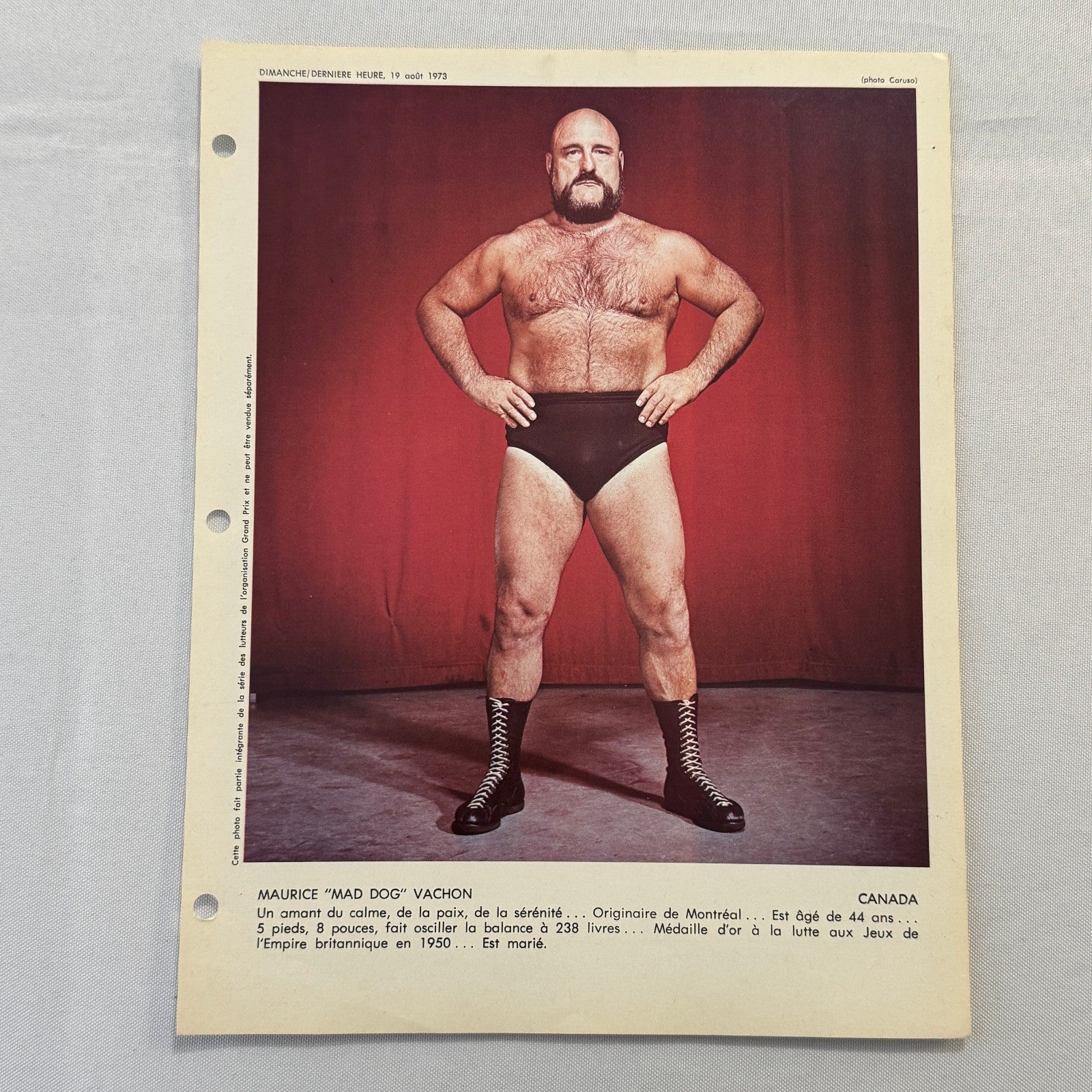 Vintage Wrestling Print Insert Maurice Mad Dog Vachon 1973