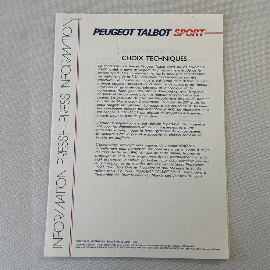 1990 Peugeot 905 Talbot Racing Press Kit Brochure Slides JP Jabouille FRENCH