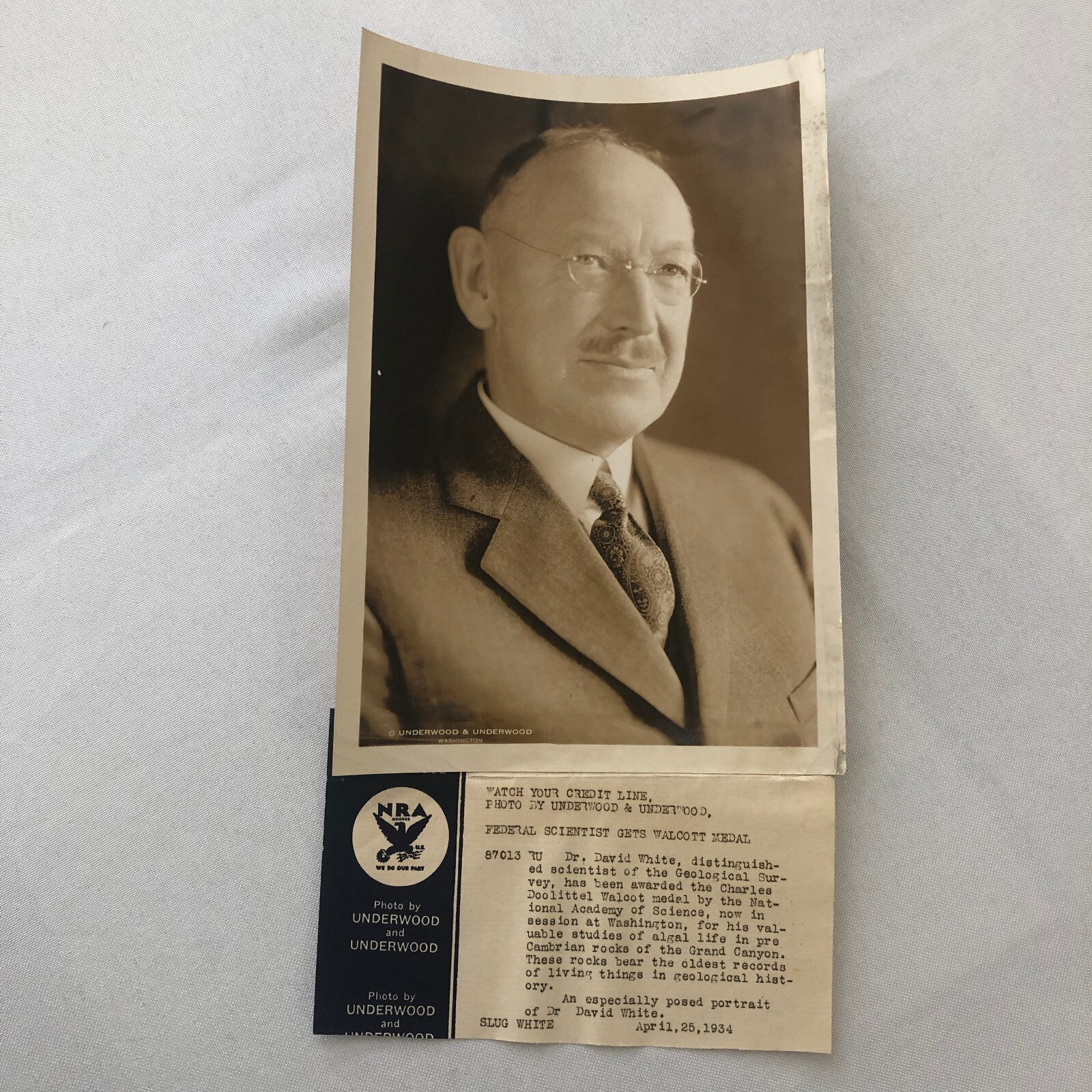 Press Photo Photograph Scientist Dr David White Walcott Medal Prize 1934