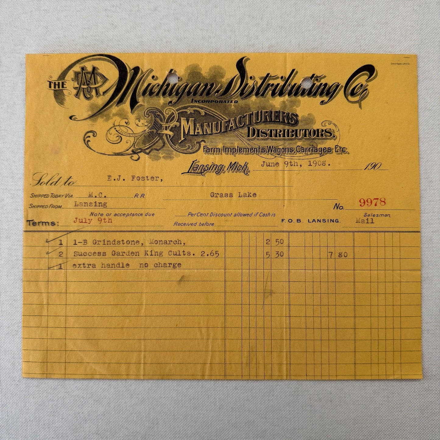 Michigan Distributing Company Farm Implements Carriages 1908 Document Lansing
