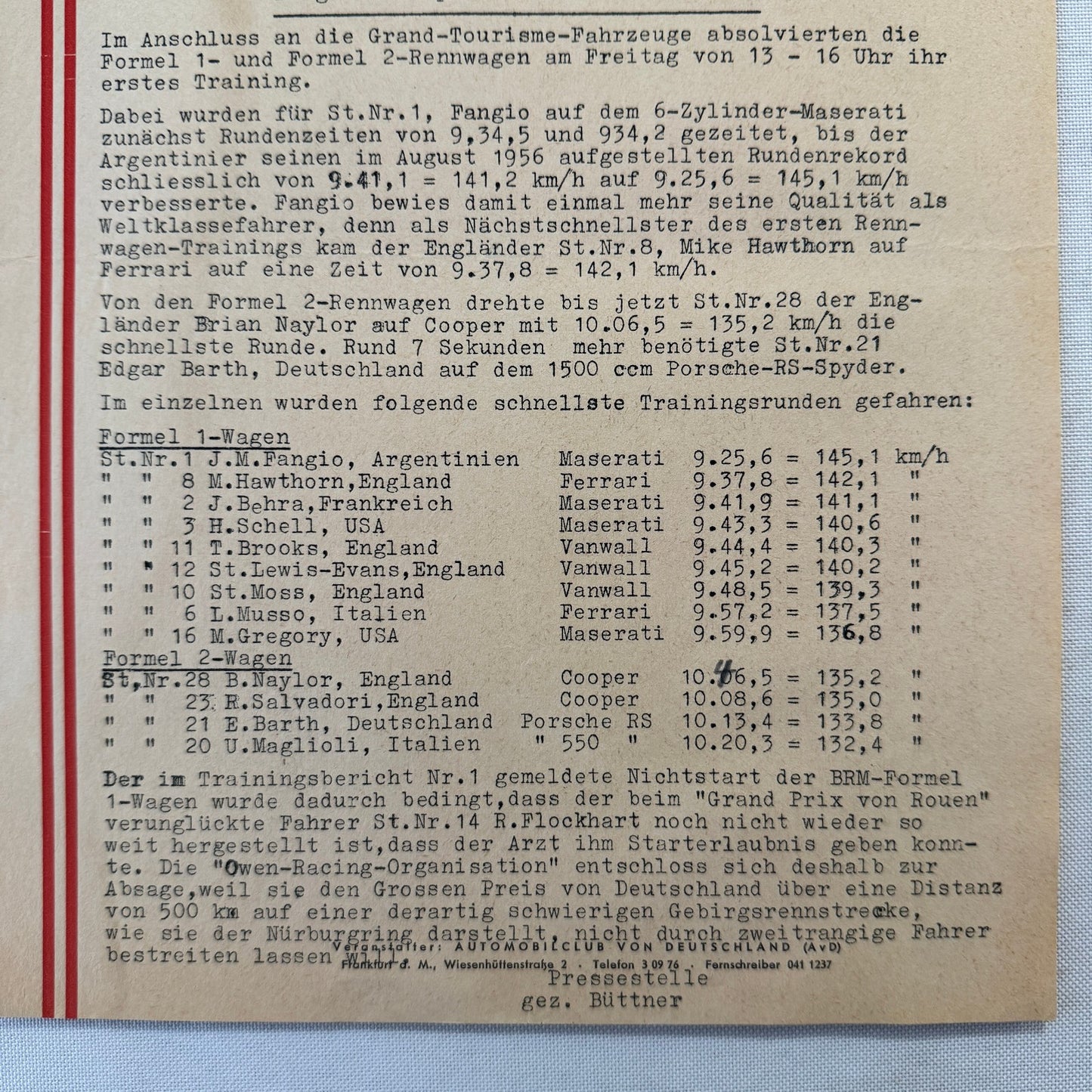 1951 AVD European Grand Prix at Nurburgring Racing Race Document Lot 11x