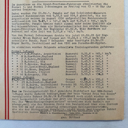 1951 AVD European Grand Prix at Nurburgring Racing Race Document Lot 11x