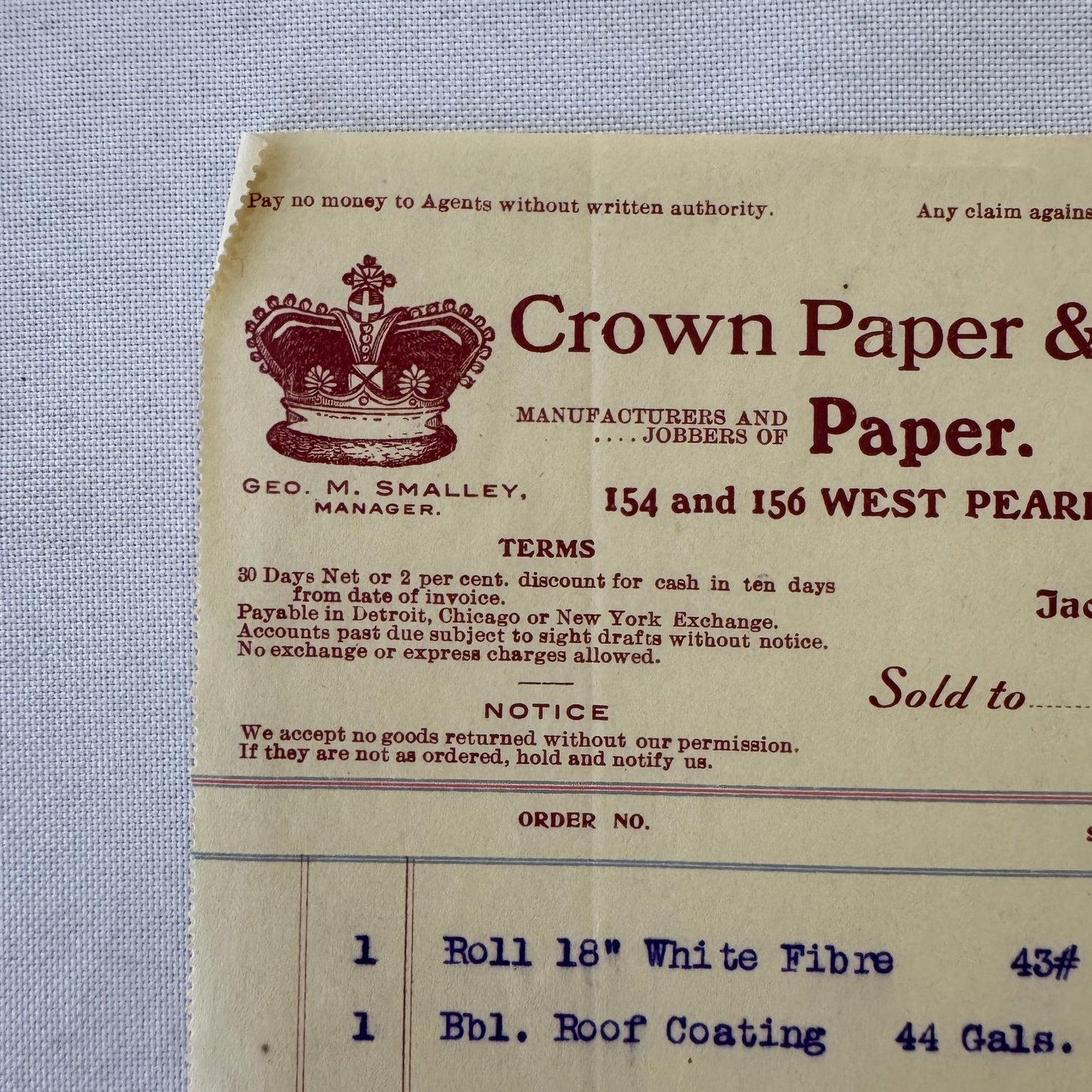 Crown Paper & Bag Company Jackson Michigan 1908 Receipt Invoice Document Lot 5x