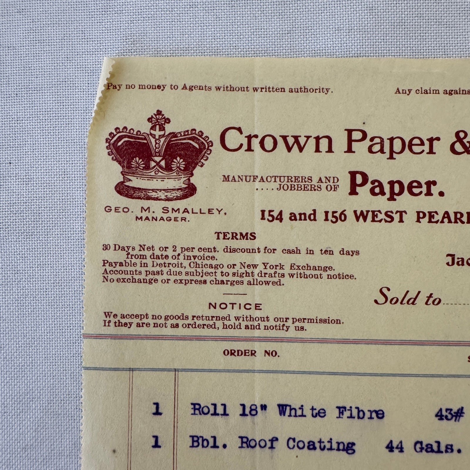Crown Paper & Bag Company Jackson Michigan 1908 Receipt Invoice Document Lot 5x