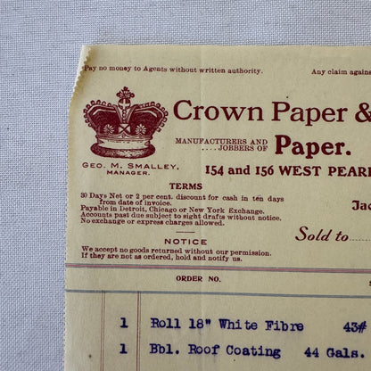 Crown Paper & Bag Company Jackson Michigan 1908 Receipt Invoice Document Lot 5x