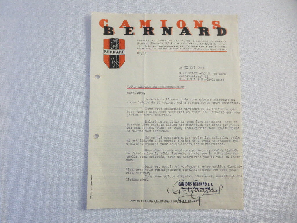 1946 Camions Bernard Truck Company Letter Letterhead Document 