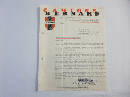 1946 Camions Bernard Truck Company Letter Letterhead Document 