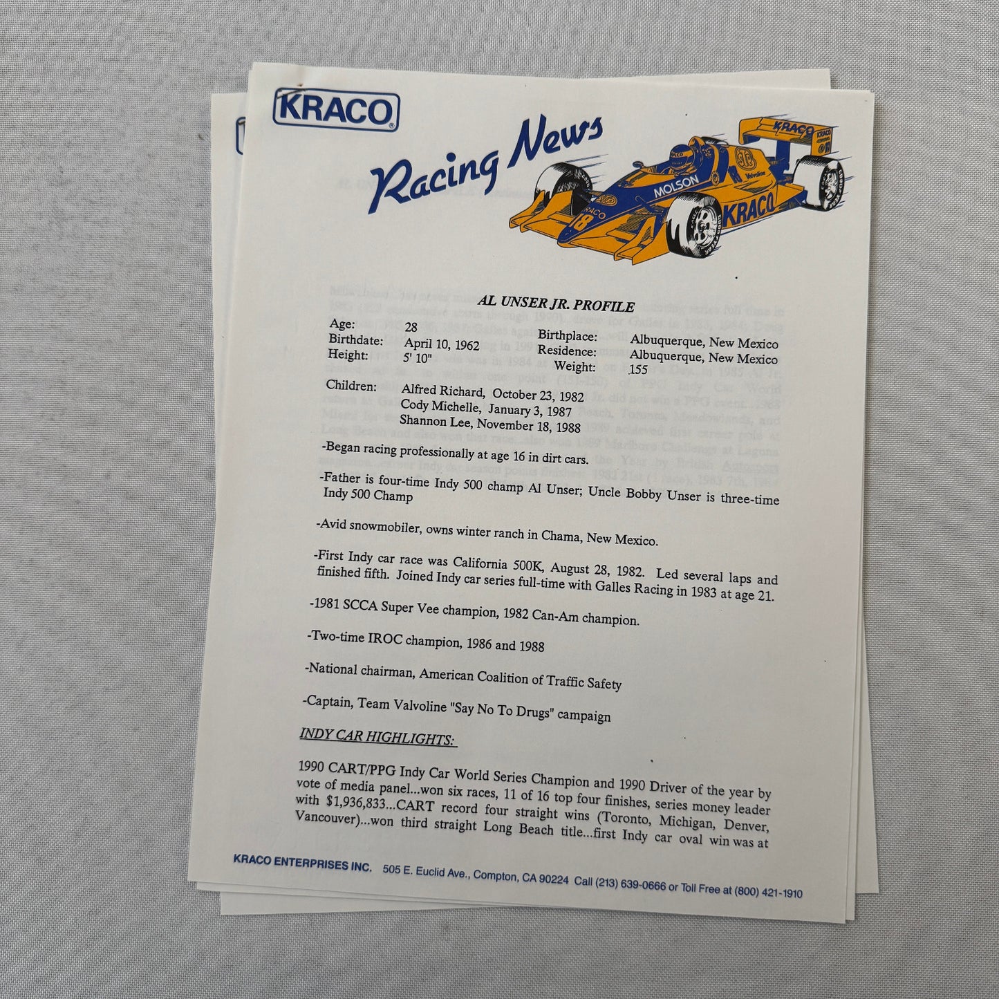 1991 Bobby Rahal Kraco Racing Press Kit Brochure Photos Lola Chevrolet Indy Car