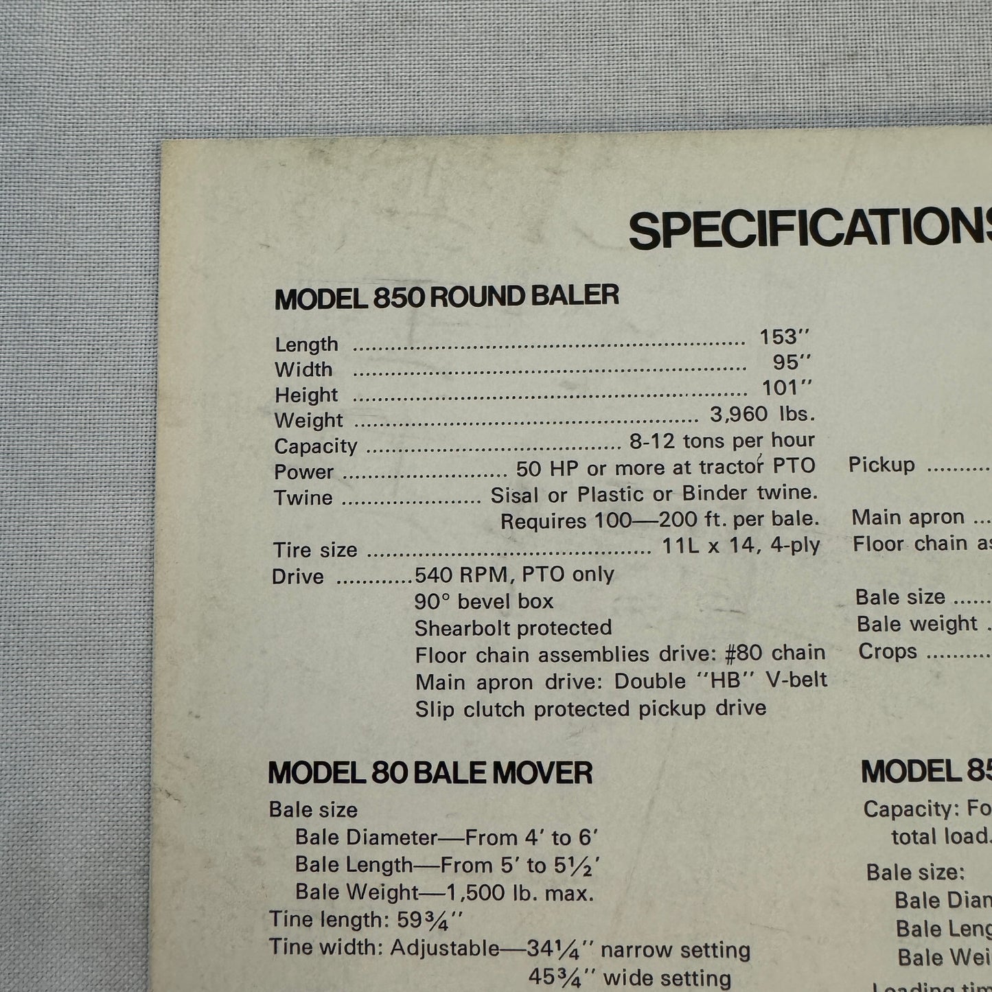 Sperry New Holland Farm Equipment Brochure Hay Baler Handler Mover Vintage 850