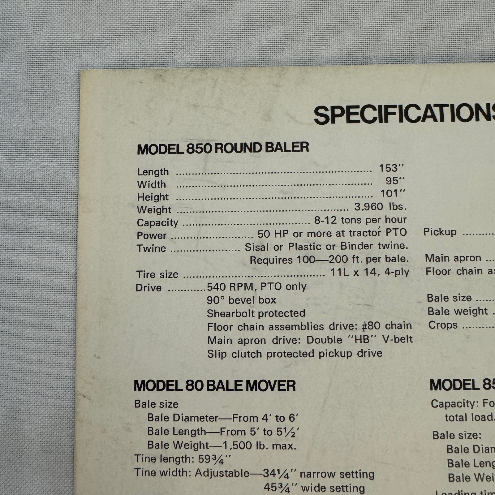 Sperry New Holland Farm Equipment Brochure Hay Baler Handler Mover Vintage 850