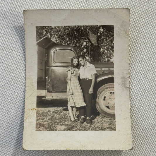 Vintage Photo Photograph Print People with Truck Couple Man Woman Snapshot