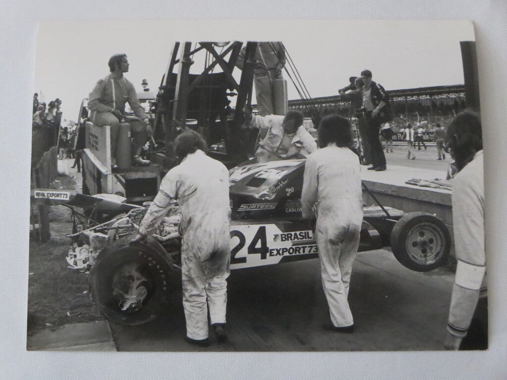 Vintage 1973 British Grand Prix Racing Photograph Photo - Carlos Pace Car Wreck 