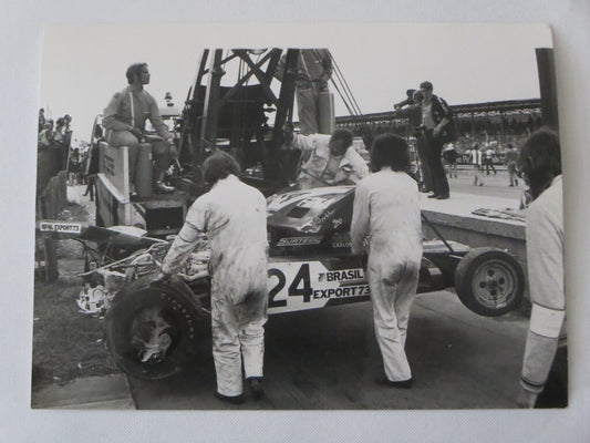 Vintage 1973 British Grand Prix Racing Photograph Photo - Carlos Pace Car Wreck 