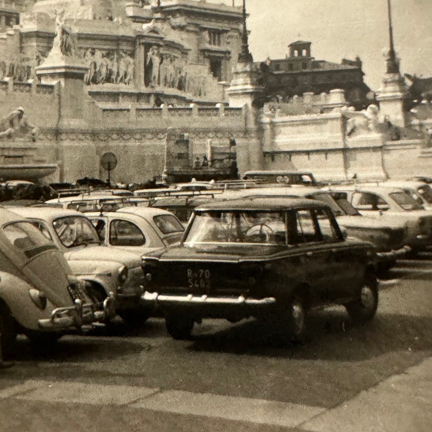Vintage Snapshot Photo Photograph Cars Automobiles Fiat Volkswagen VW Monument
