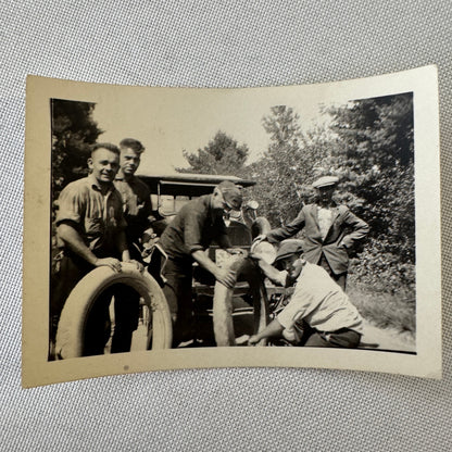 Vintage Car Photo Photograph Print Men with Automobile Tires Snapshot