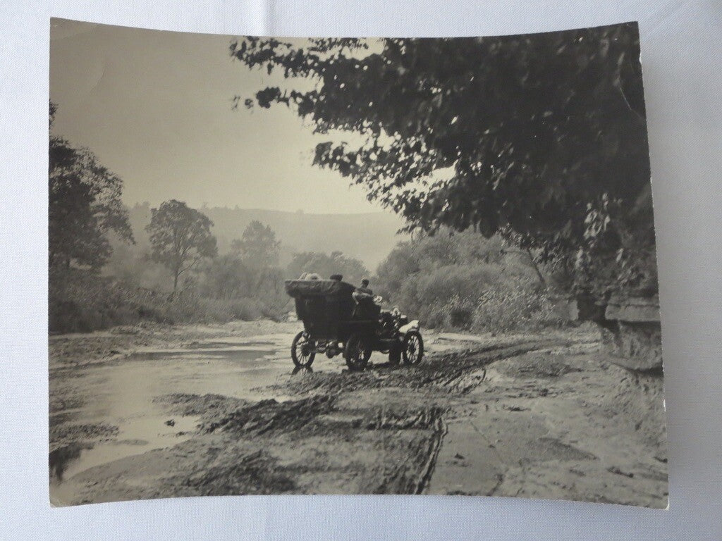 Early Antique Large Art Photograph - White Steamer Car Driving By River Photo