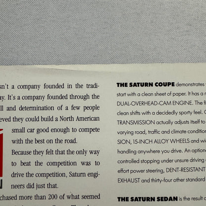 1991 Saturn Car Sales Sheet Brochure Catalog Saturn SL SL1 SL2 SC Coupe Sedan