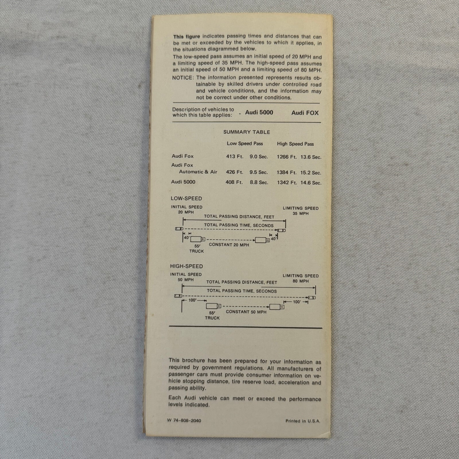 1978 Audi Technical Spec Sales Brochure Catalog Passing Braking and Tire Reserve