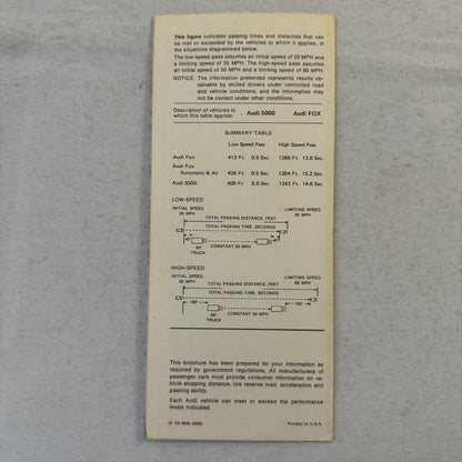 1978 Audi Technical Spec Sales Brochure Catalog Passing Braking and Tire Reserve
