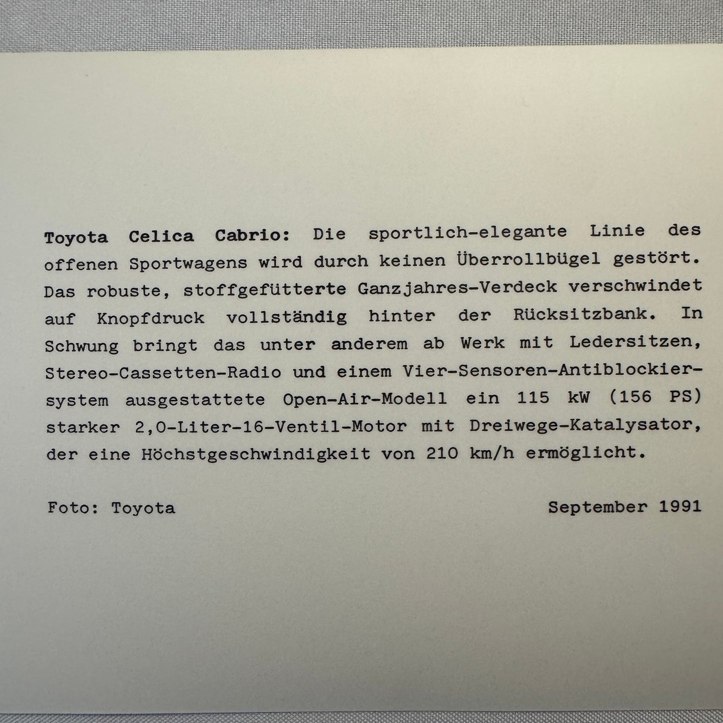 1991 Toyota Celica Convertible Cabrio Factory Press Photo Photograph Print