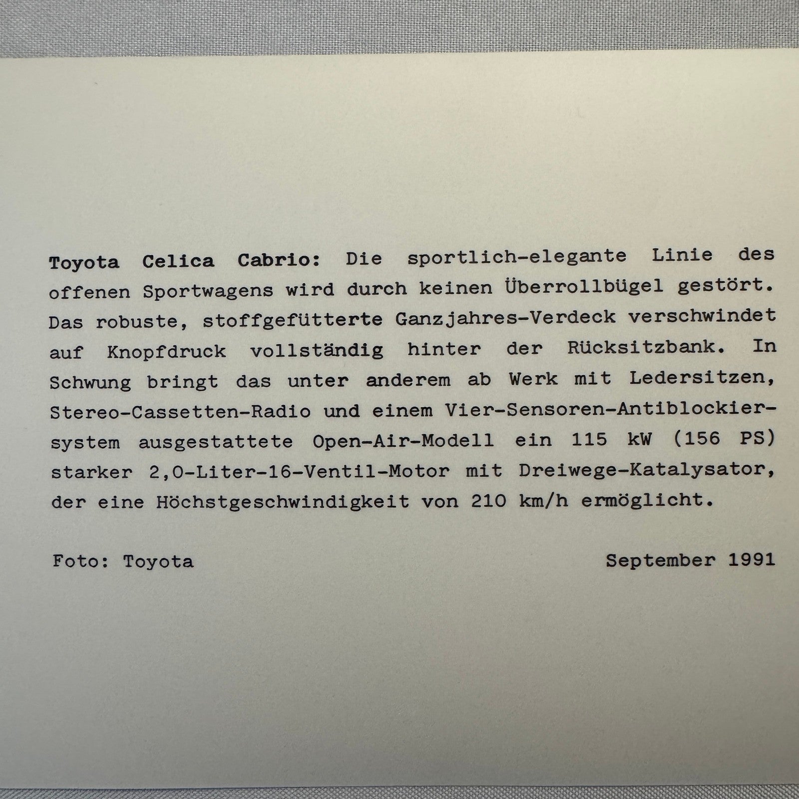 1991 Toyota Celica Convertible Cabrio Factory Press Photo Photograph Print