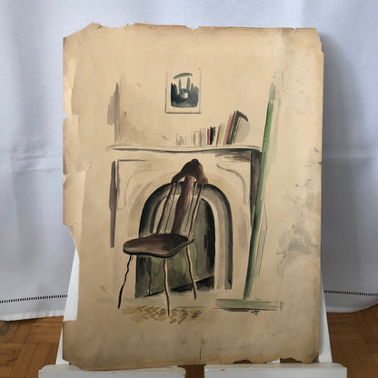 Vintage Painting Art Artwork Artist Arthur E Sudler Chair Fireplace Books