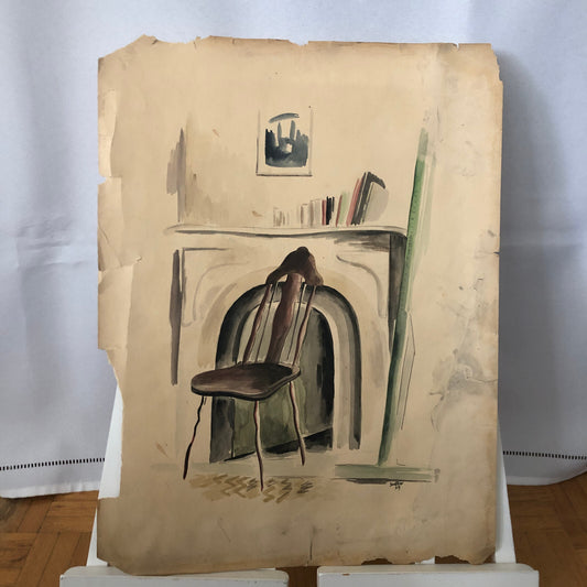 Vintage Painting Art Artwork Artist Arthur E Sudler Chair Fireplace Books