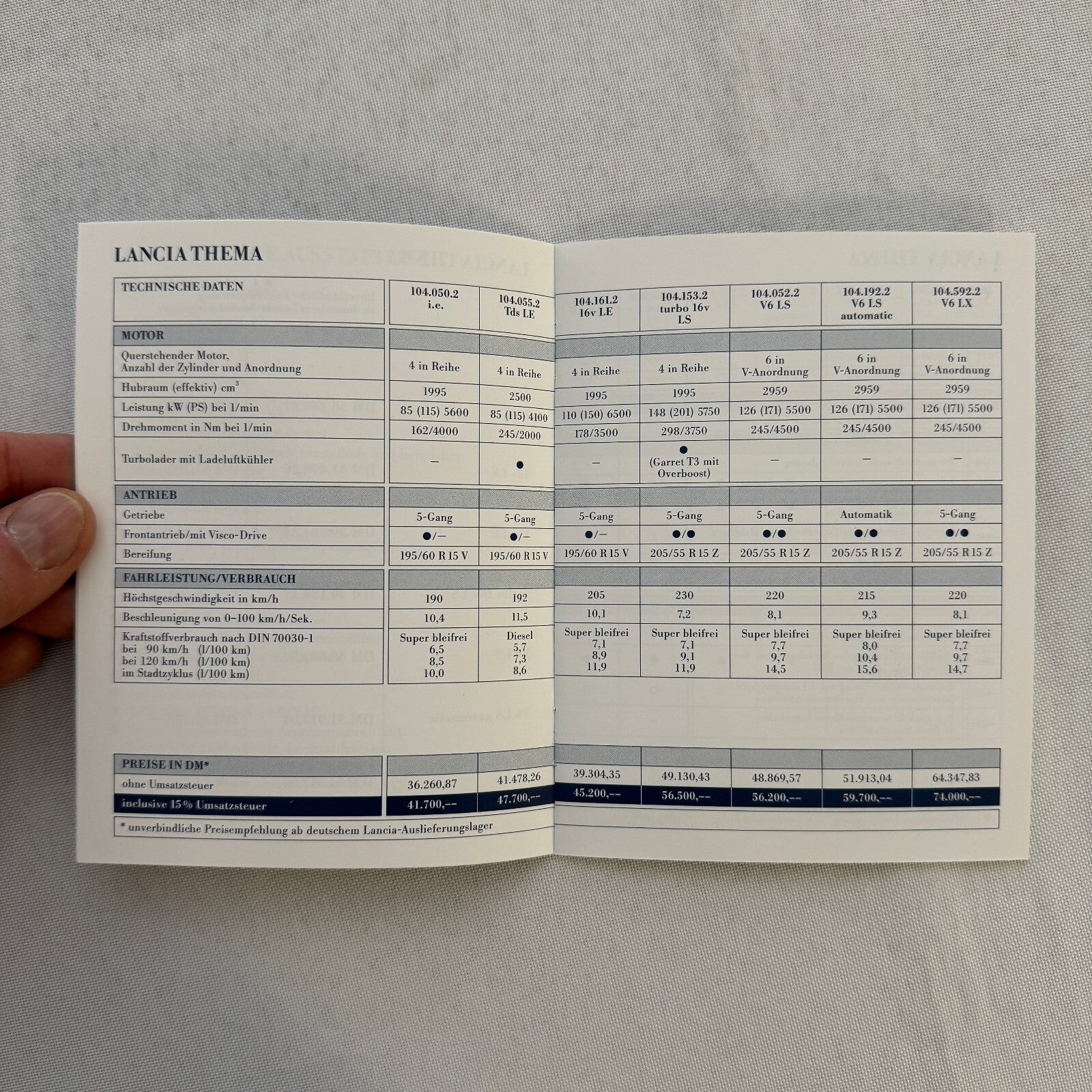 1993 Lancia Thema Technical Data Price List Brochure European German Text