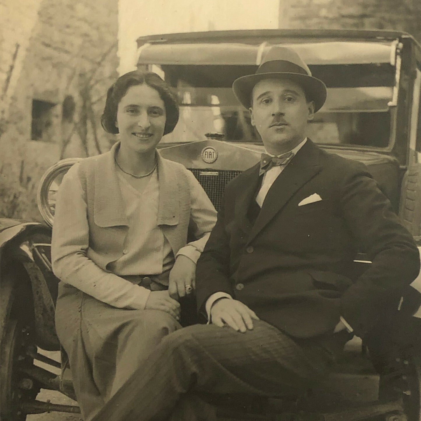 Antique Photo Photograph Print Couple with Fiat Automobile Car Vehicle Italian ?