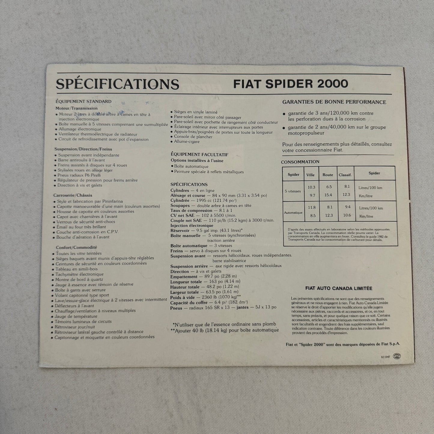 Fiat Spider 2000 Car Sales Brochure Catalog Advertising FRENCH Canadian