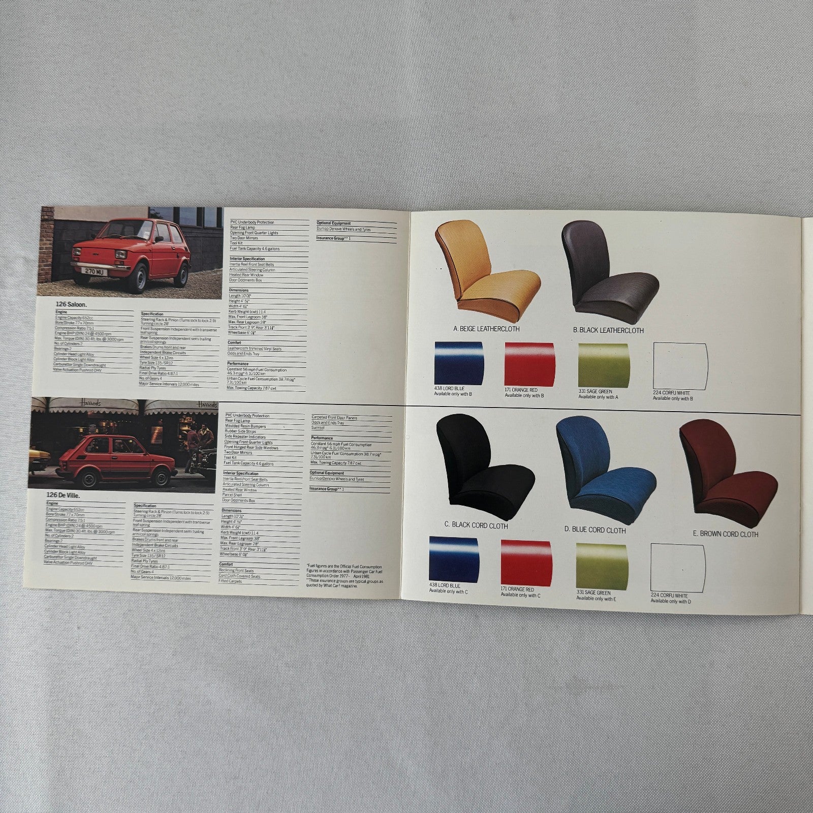 Fiat 126 Saloon and Fiat 126 DeVille Car Sales Brochure Catalog Vintage UK